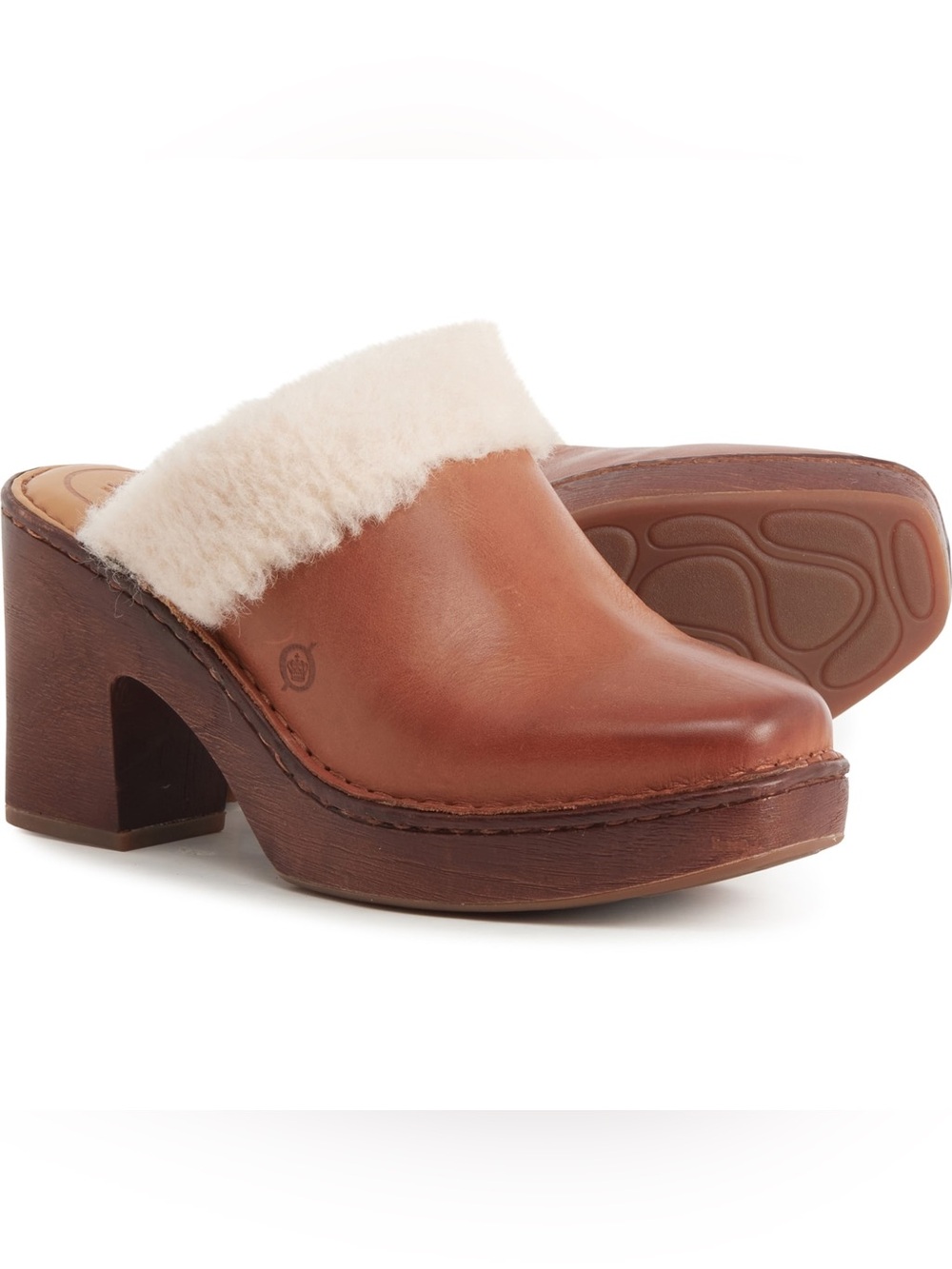 Born Shearling-Lined Brown Leather Clog Mules